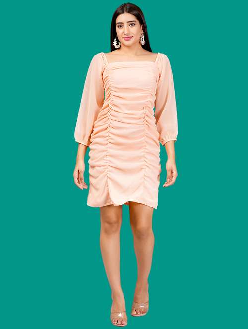 women solid puff sleeves ruched bodycon dress - 21730899 - Standard Image - 0