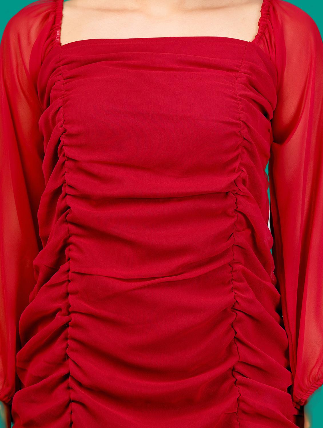 women solid puff sleeves ruched bodycon dress - 21730900 - Standard Image - 5