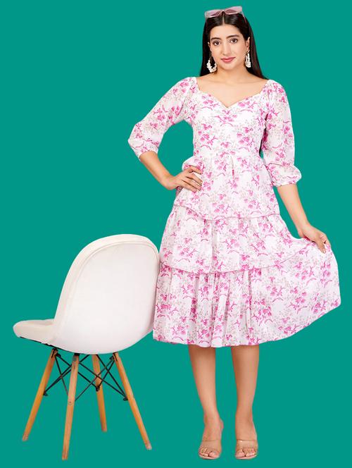 women printed puff sleeves layered dress - 21730906 -  Standard Image - 0