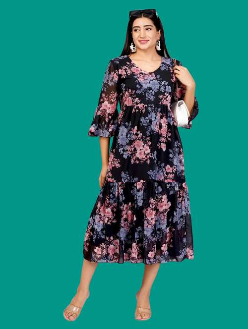 women printed bell sleeves tiered dress - 21730909 -  Standard Image - 0