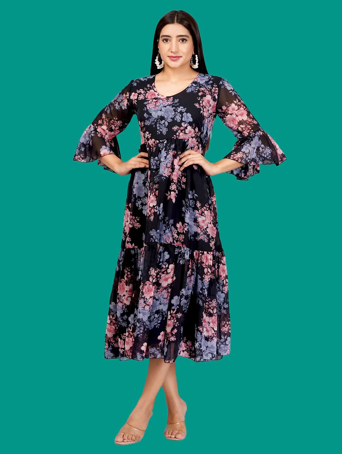 women printed bell sleeves tiered dress - 21730909 -  Standard Image - 3