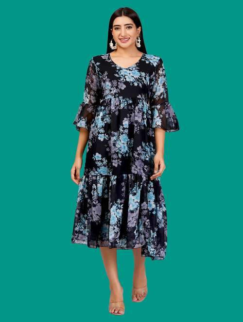 women printed bell sleeves tiered dress - 21730911 -  Standard Image - 0