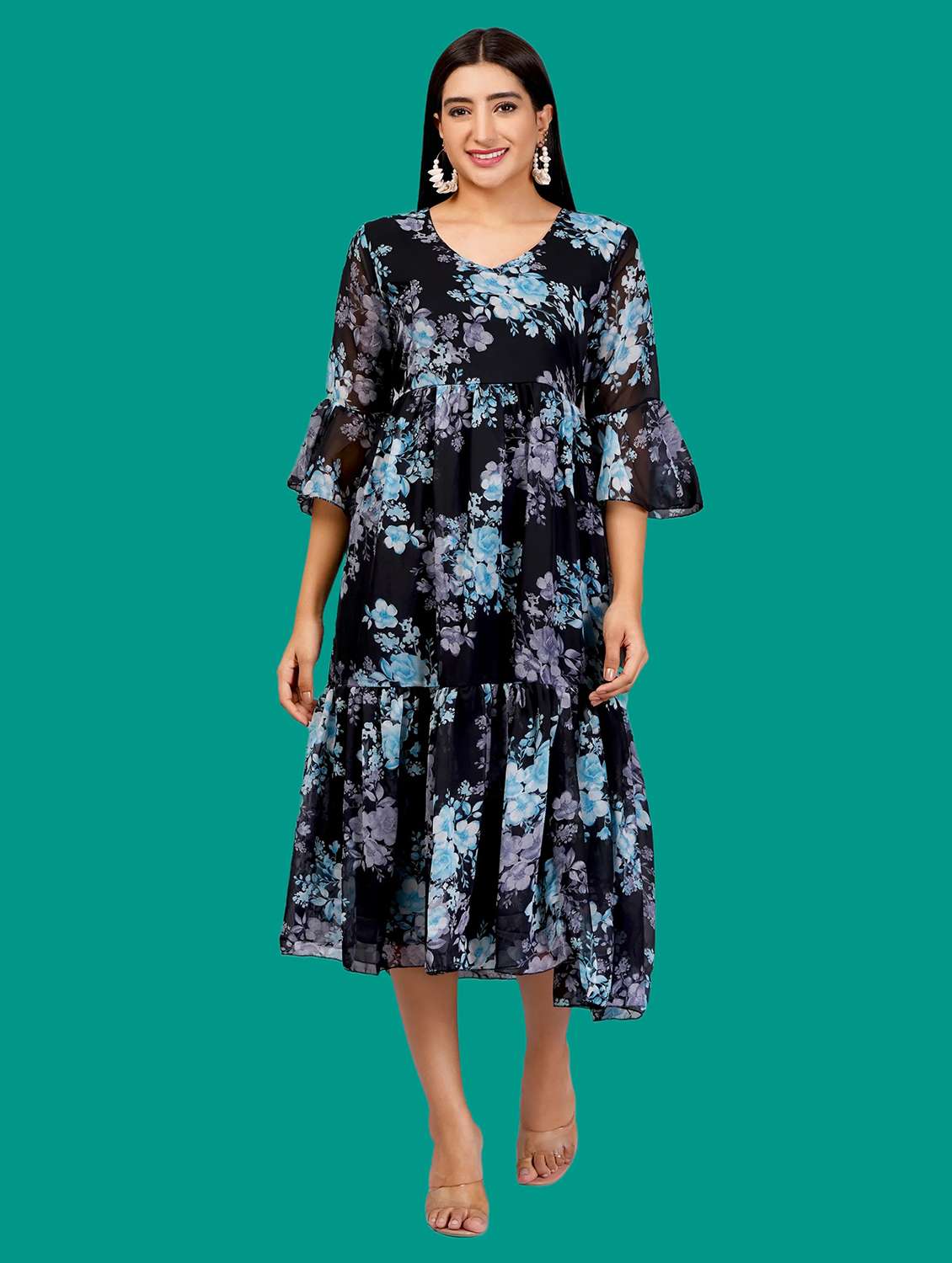 women printed bell sleeves tiered dress