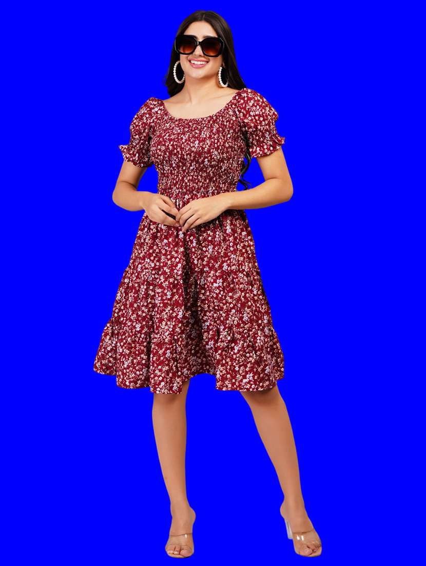 women printed puff sleeves tiered dress