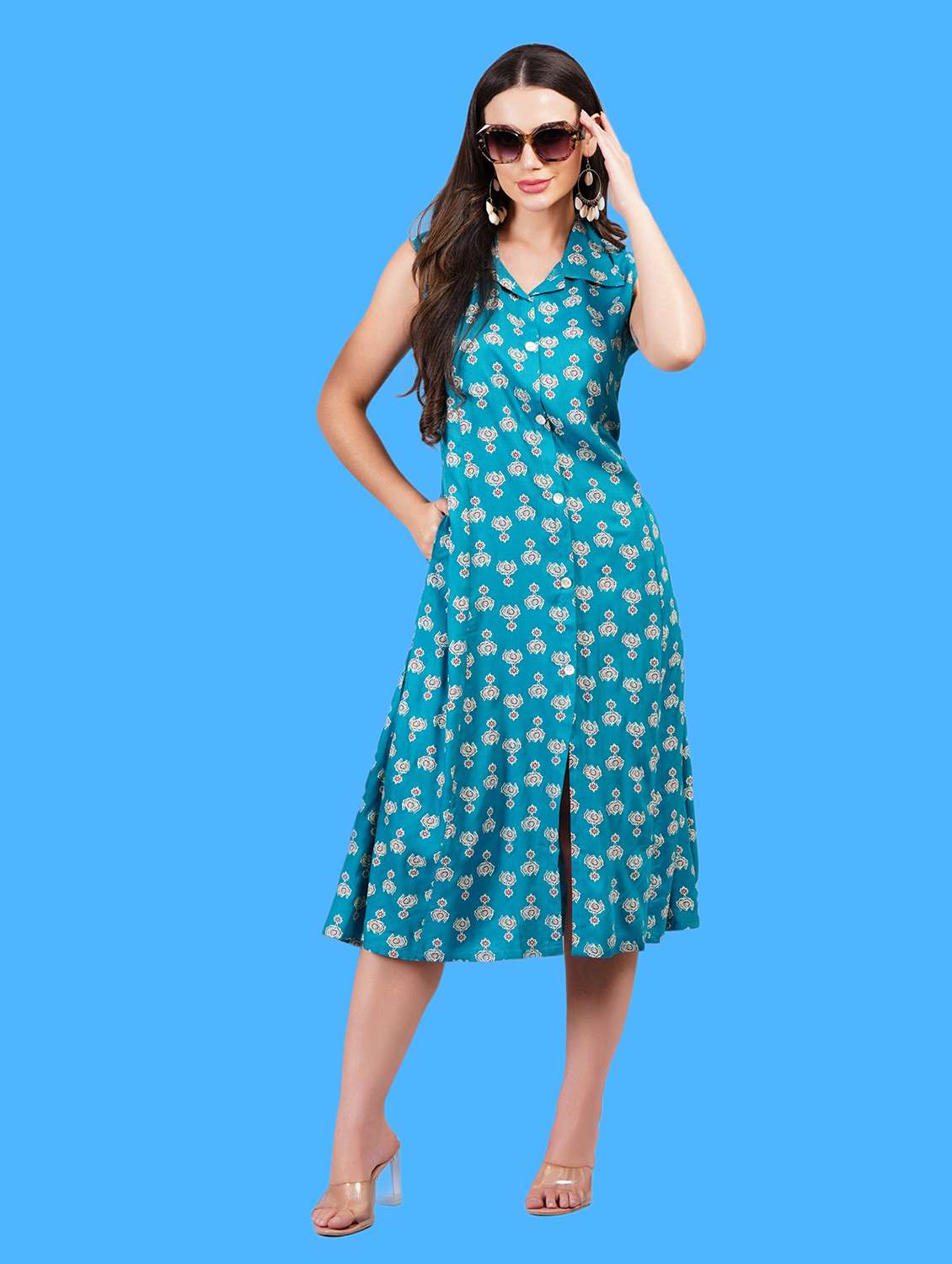 women printed sleeveless a-line dress