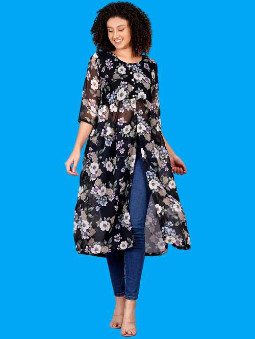 women floral printed round neck front slit kurta - 21731005 -  Standard Image - 0