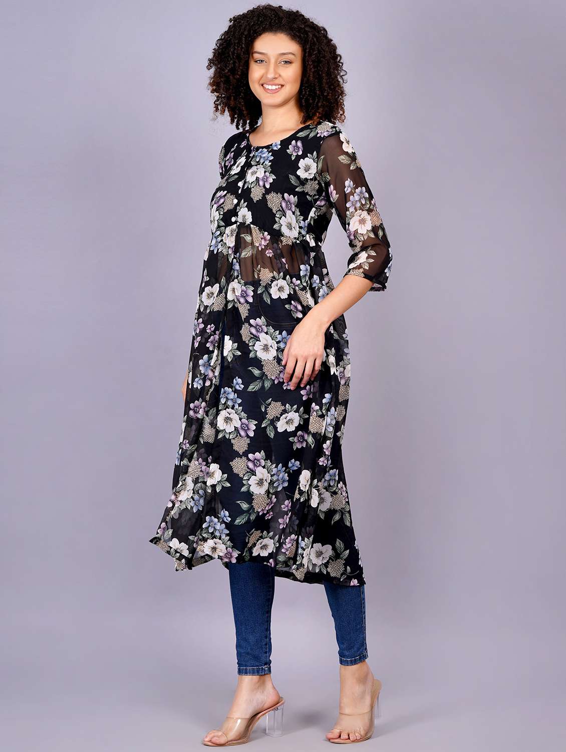 women floral printed round neck front slit kurta - 21731005 - Standard Image - 3