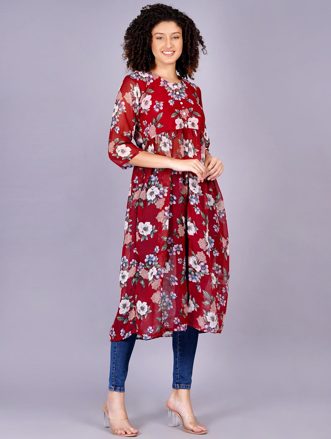 women floral printed round neck front slit kurta - 21731007 -  Zoom Image - 0