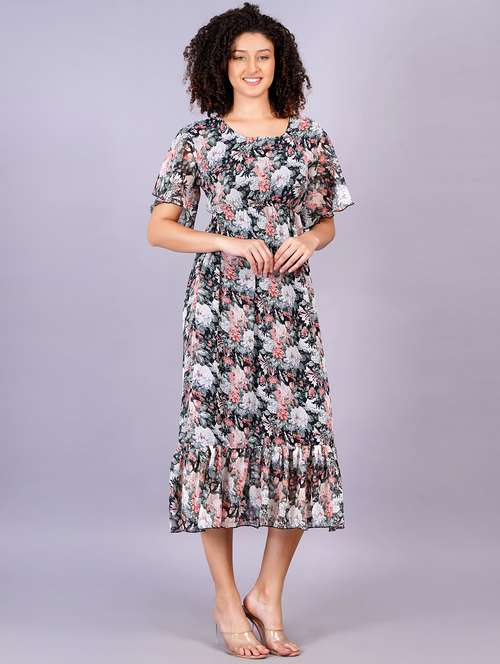 women floral print round neck tiered dress - 21731014 - Standard Image - 0