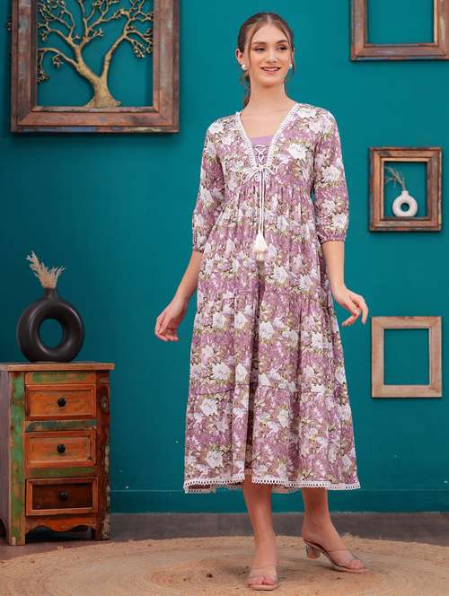 women lavender floral printed tiered ethnic dress - 21731095 -  Standard Image - 0