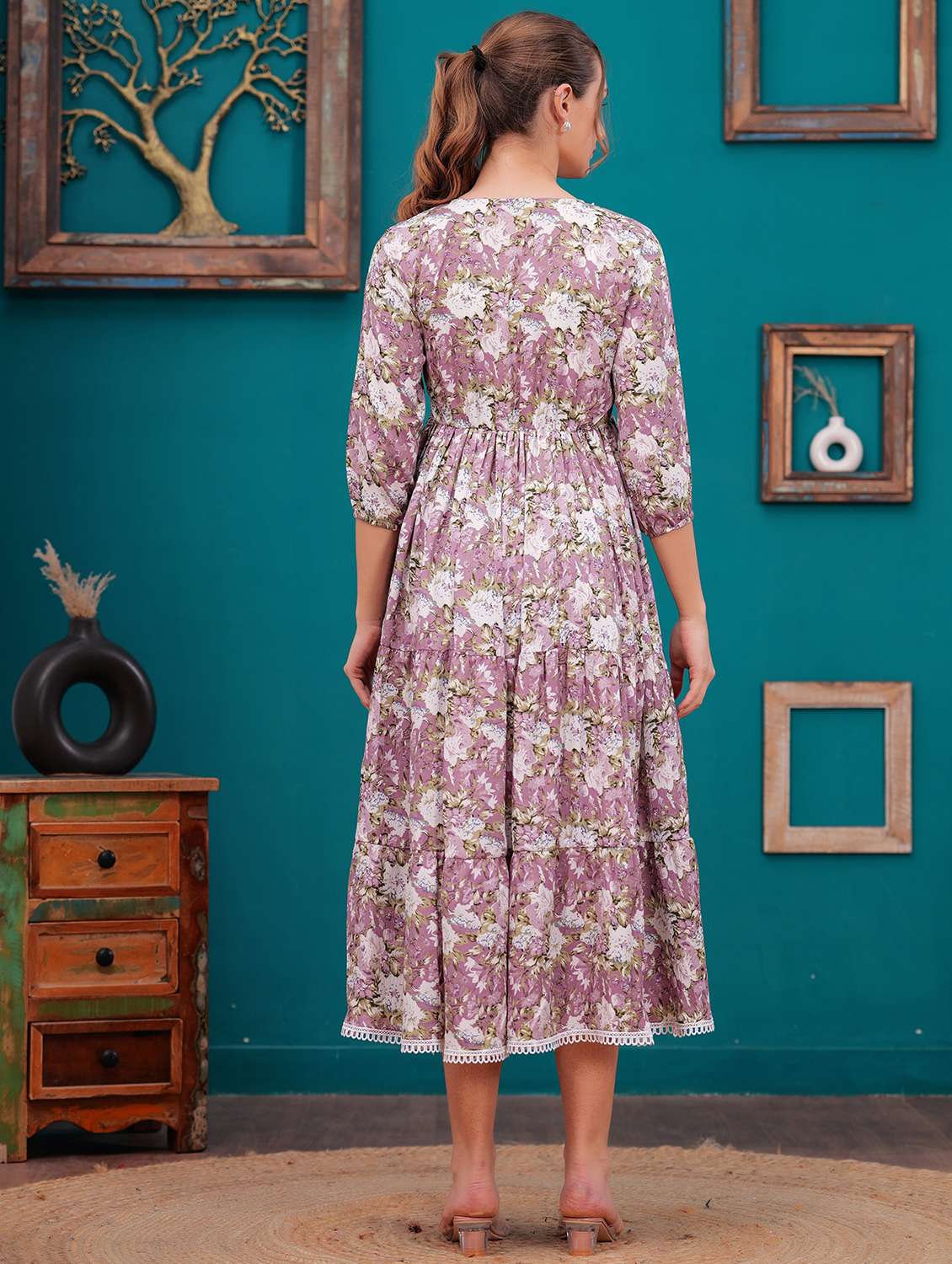 women lavender floral printed tiered ethnic dress - 21731095 - Standard Image - 3