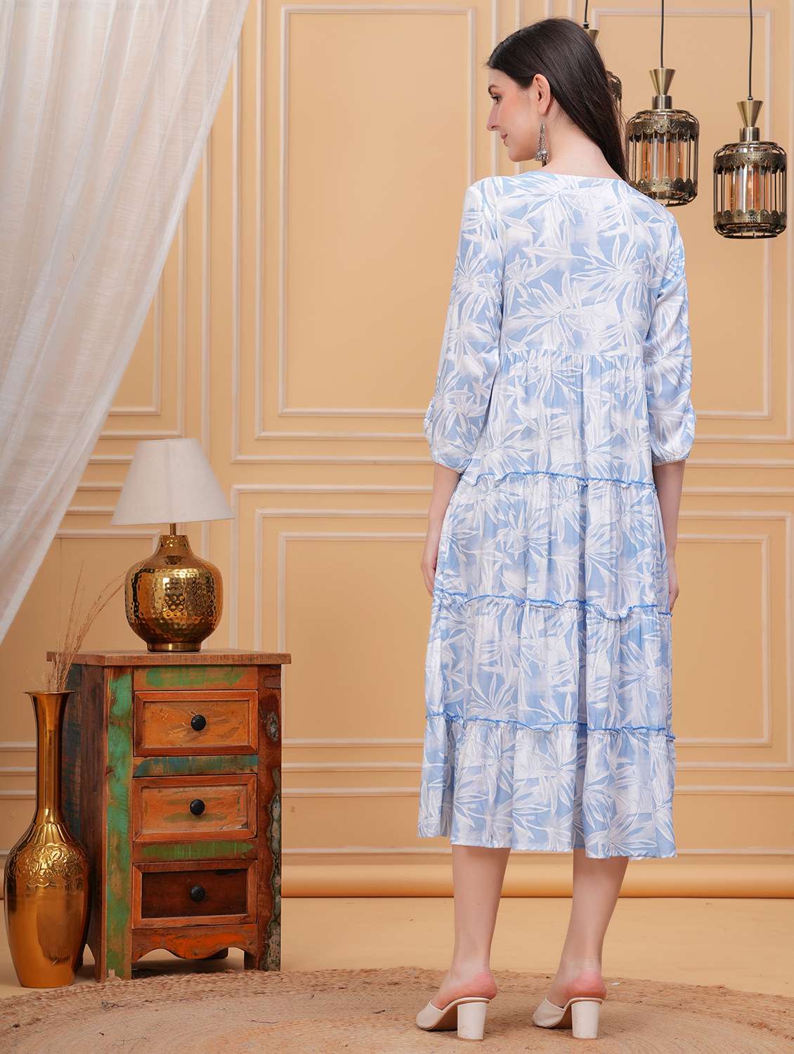women light blue printed sweetheart neck tiered ethnic dress - 21731098 - Standard Image - 3