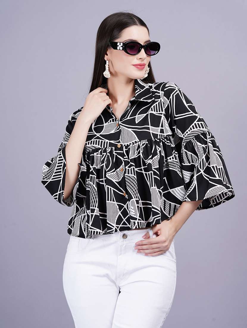 women printed bell sleeves flared top - 21731116 -  Zoom Image - 0