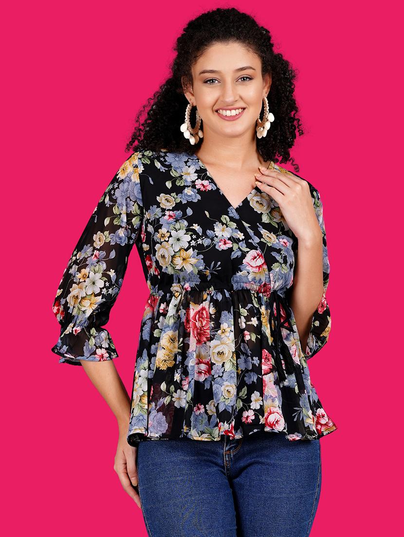 women floral print overlap neck peplum top - 21731131 - Zoom Image - 0