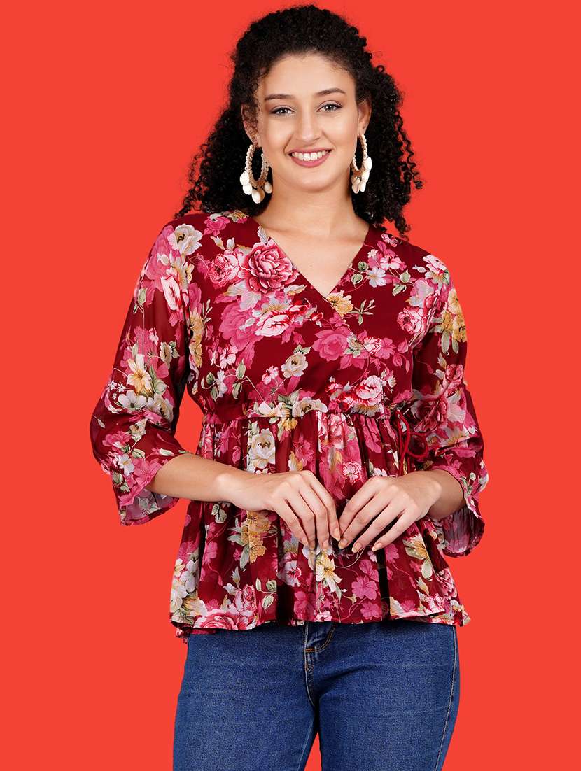 women floral print overlap neck peplum top