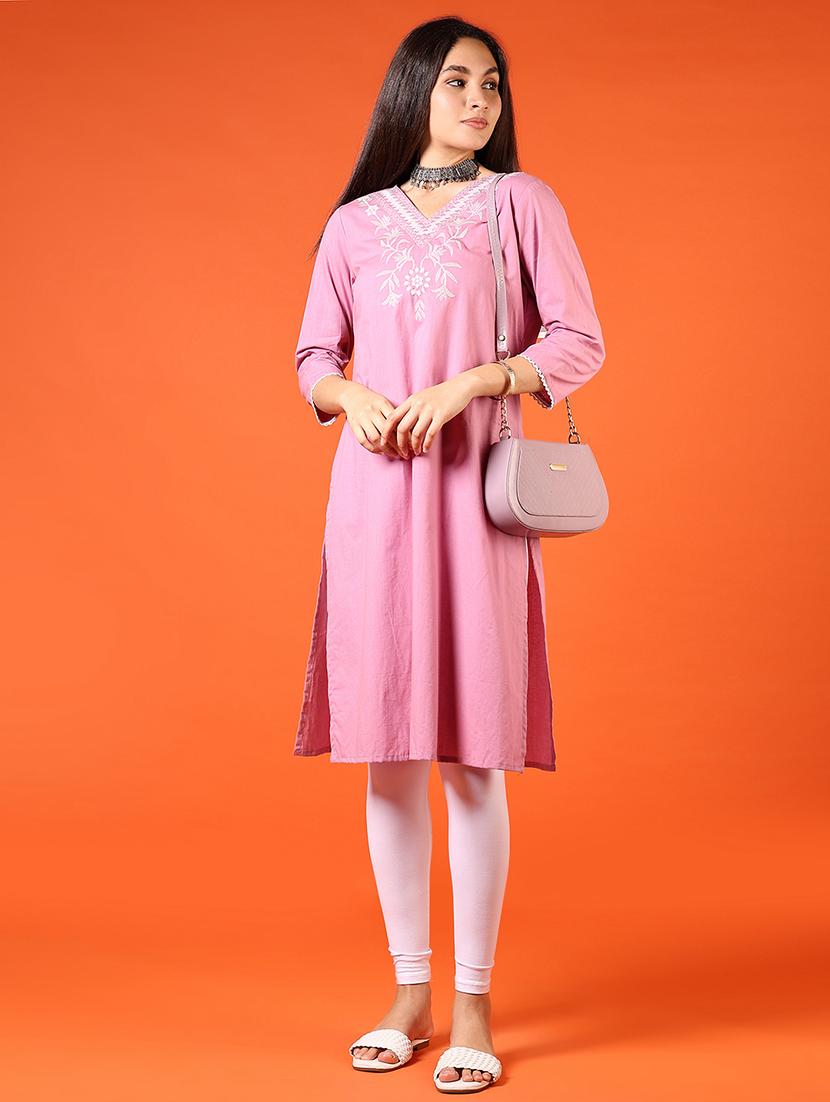 women embroidered v neck straight kurta - 21731202 - Standard Image - 3
