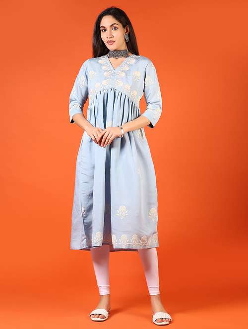women light blue embroidered v neck flared kurta - 21731203 -  Standard Image - 0