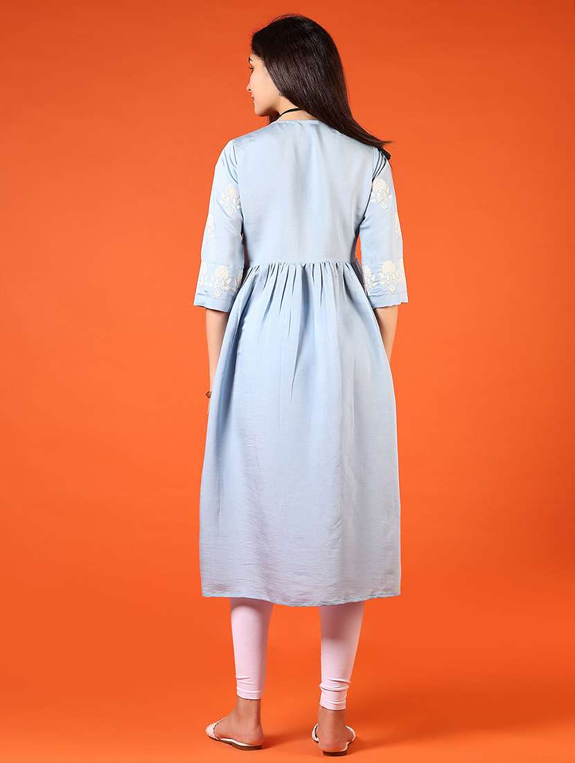 women light blue embroidered v neck flared kurta - 21731203 -  Standard Image - 3