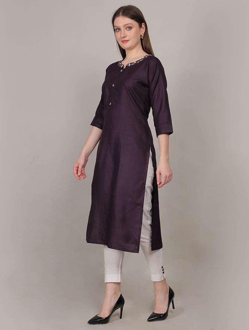 women embellished three quarter sleeve straight kurta - 21731213 -  Standard Image - 3