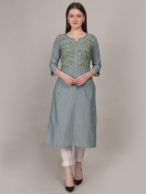 women embroidered three quarter sleeve straight kurta - 21731215 -  Standard Image - 0