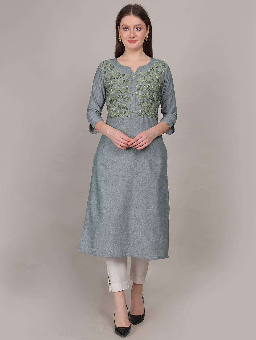 women embroidered three quarter sleeve straight kurta - 21731215 -  Zoom Image - 0