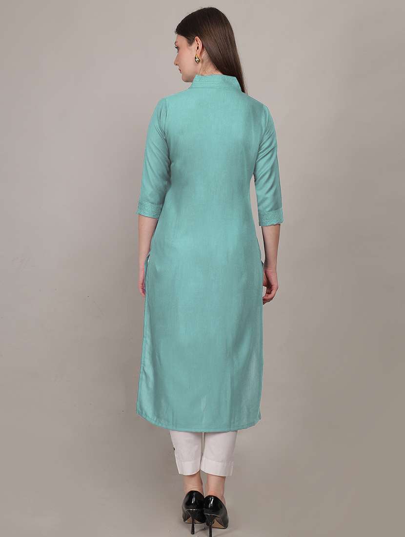 women solid three quarter sleeve straight kurta - 21731217 -  Standard Image - 3