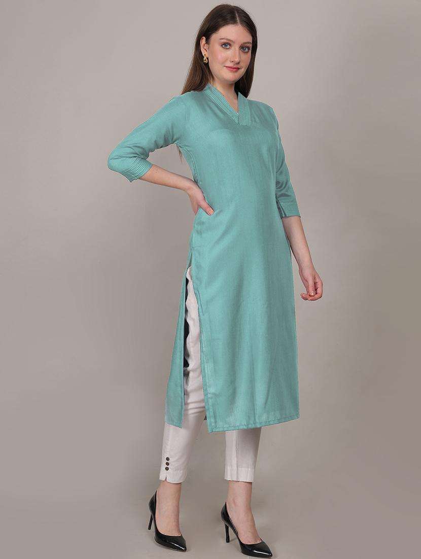 women solid three quarter sleeve straight kurta - 21731217 -  Standard Image - 3