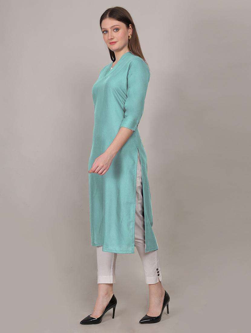 women solid three quarter sleeve straight kurta - 21731217 -  Standard Image - 5
