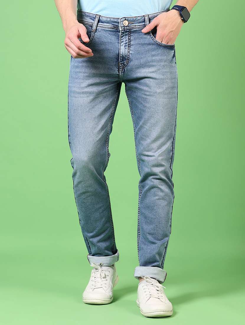 men washed mid rise jeans