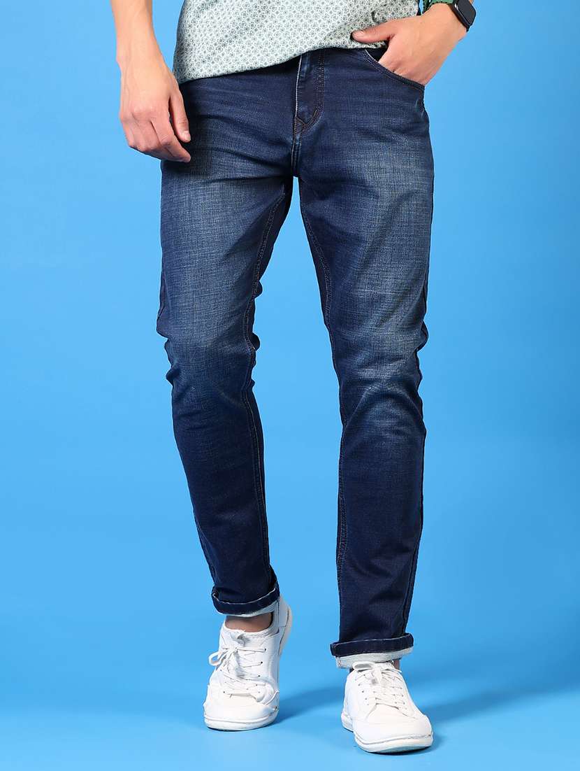 men washed mid rise jeans