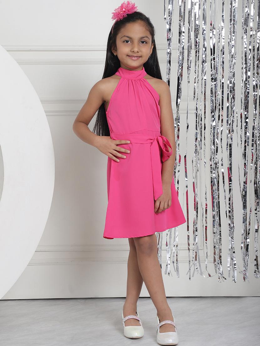 girls pink solid halter neck a-line dress - 21731670 -  Zoom Image - 0