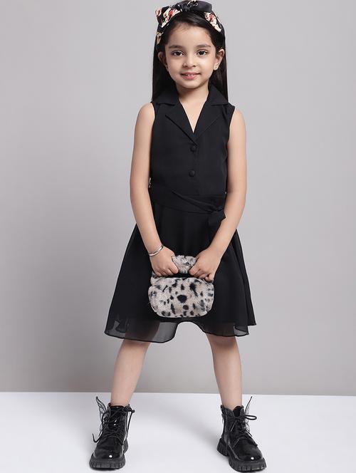 girls black lapel neck a-line regualr fit dress - 21731678 -  Standard Image - 0