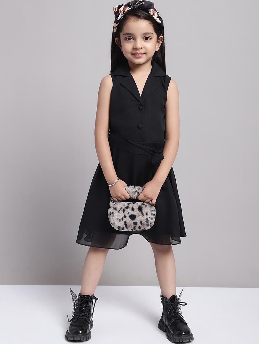 girls black lapel neck a-line regualr fit dress - 21731678 -  Zoom Image - 0