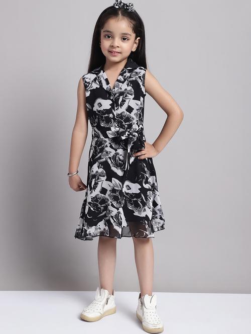 girls black lapel neck a-line regualr fit dress - 21731680 -  Standard Image - 0