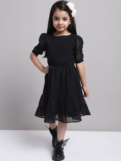 girls black round neck regualr fit tiered dress - 21731716 -  Standard Image - 0
