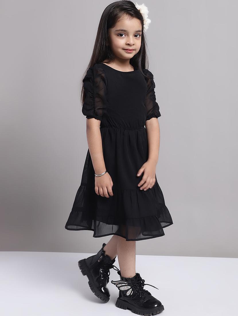 girls black round neck regualr fit tiered dress - 21731716 - Standard Image - 3