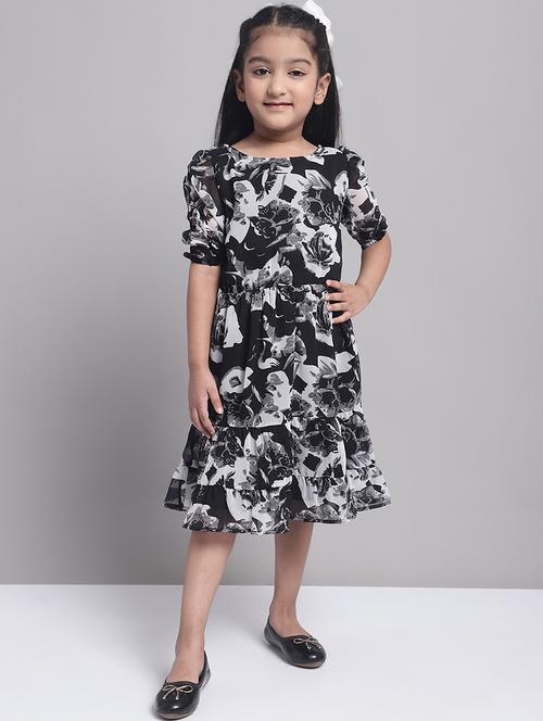 girls black round neck regualr fit tiered dress - 21731718 - Standard Image - 0