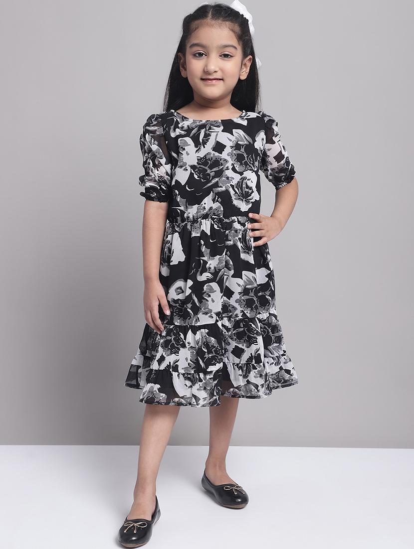 girls black round neck regualr fit tiered dress - 21731718 - Zoom Image - 0