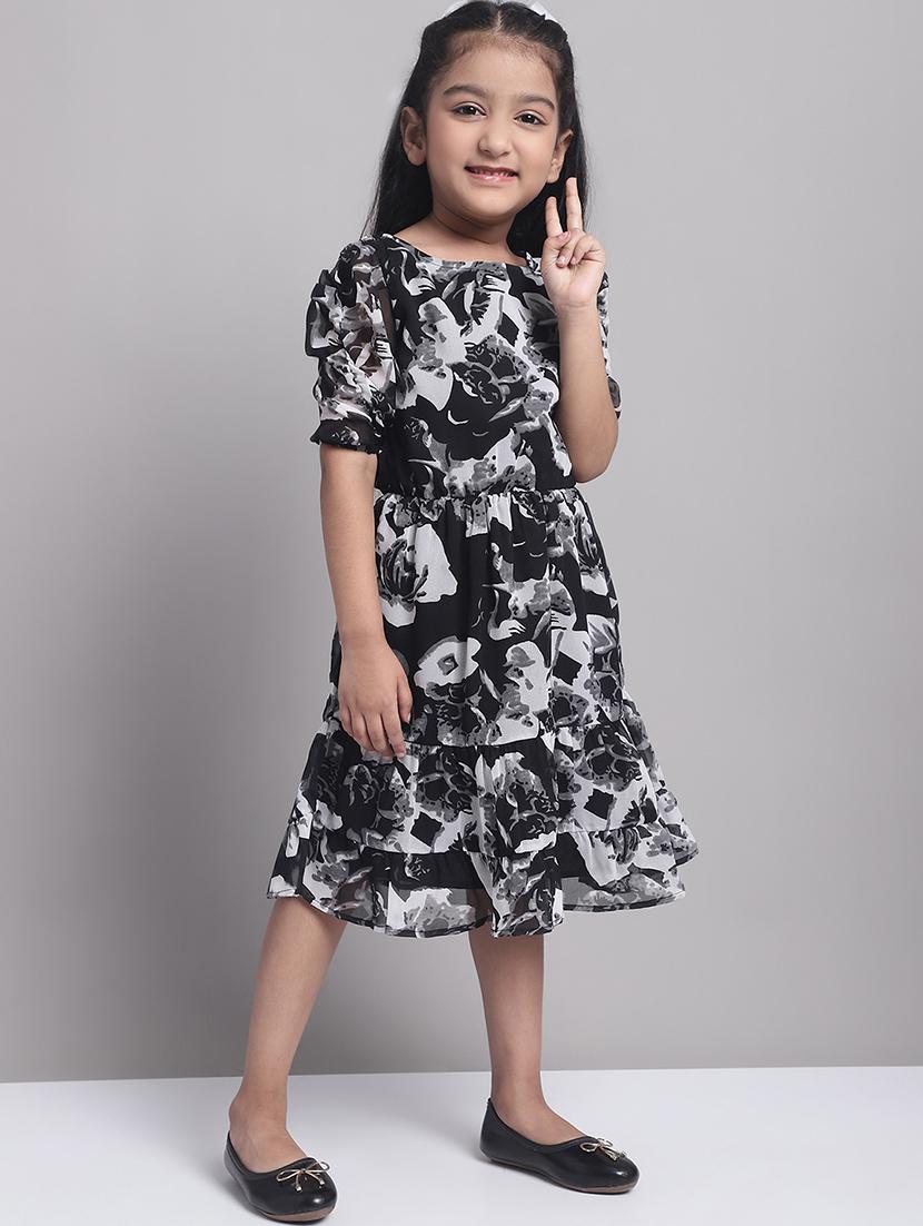 girls black round neck regualr fit tiered dress - 21731718 - Standard Image - 3