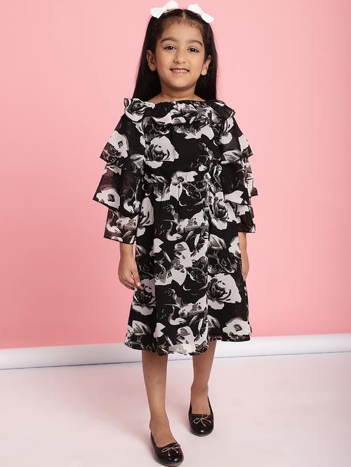 girls black ruffle sleeve regualr fit a-line dress - 21731724 - Standard Image - 0