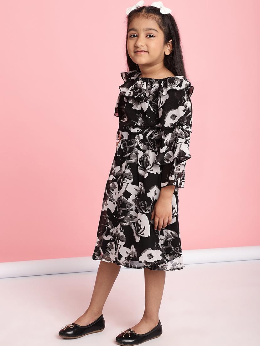 girls black ruffle sleeve regualr fit a-line dress - 21731724 - Standard Image - 3