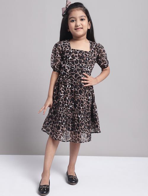 girls brown puff sleeve regualr fit tiered dress - 21731799 - Standard Image - 0
