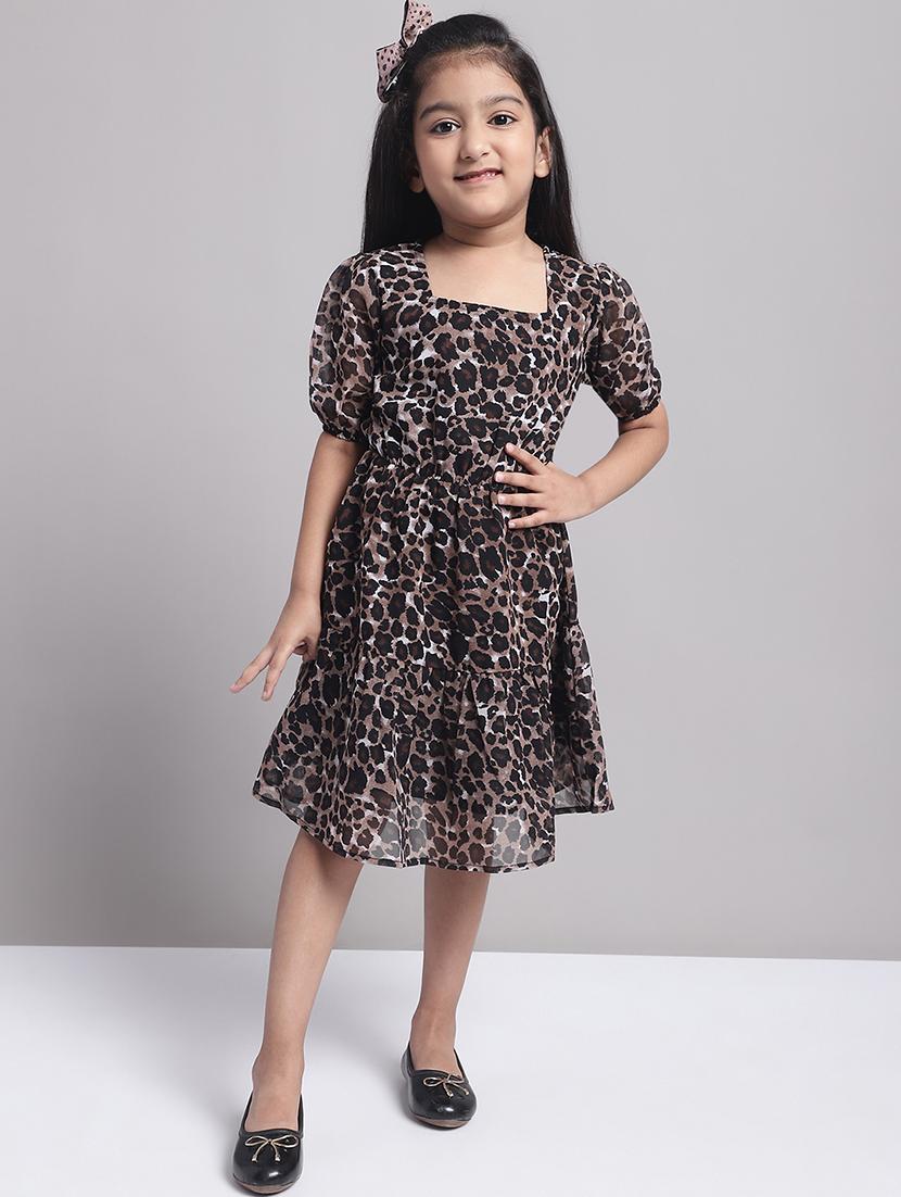 girls brown puff sleeve regualr fit tiered dress - 21731799 - Zoom Image - 0