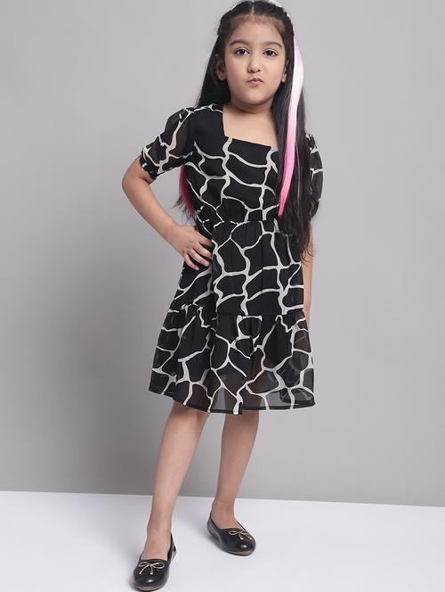girls black puff sleeve regualr fit tiered dress - 21731801 -  Standard Image - 0