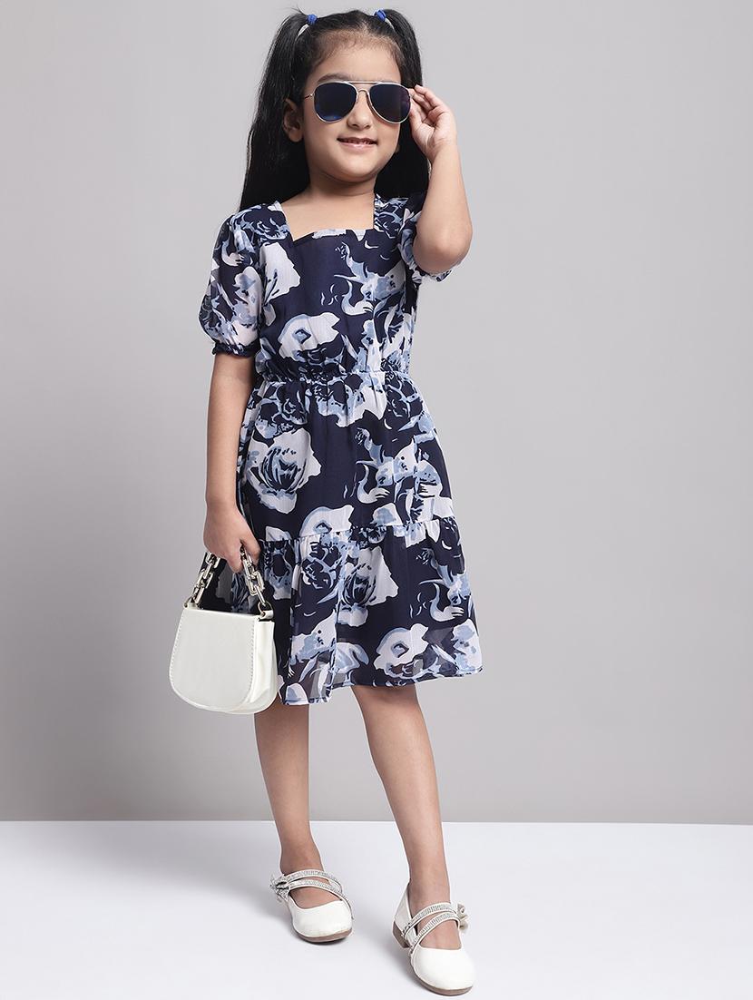 girls navy blue puff sleeve regualr fit tiered dress