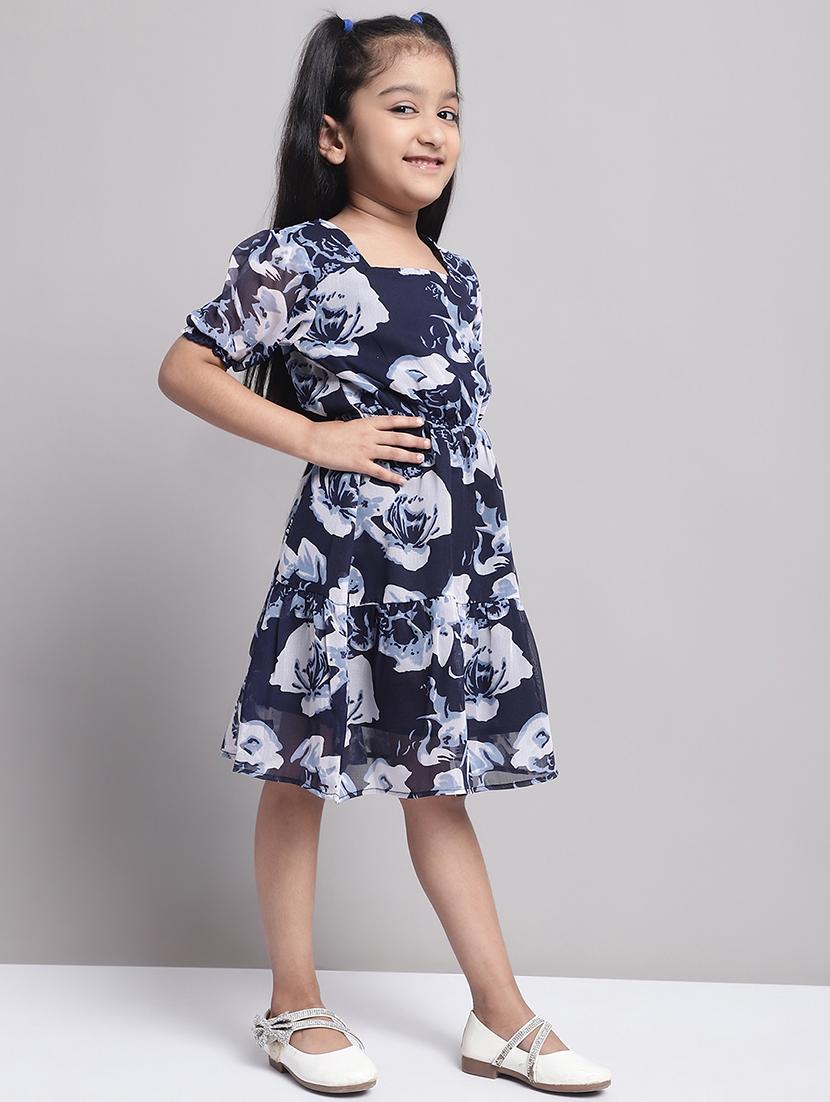 girls navy blue puff sleeve regualr fit tiered dress - 21731804 - Standard Image - 3