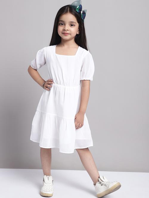 girls white puff sleeve regualr fit tiered dress - 21731806 -  Standard Image - 0