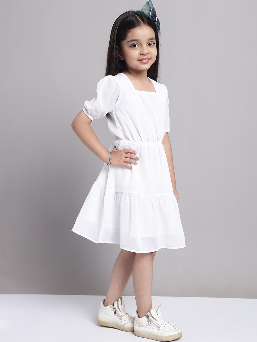 girls white puff sleeve regualr fit tiered dress - 21731806 - Standard Image - 3