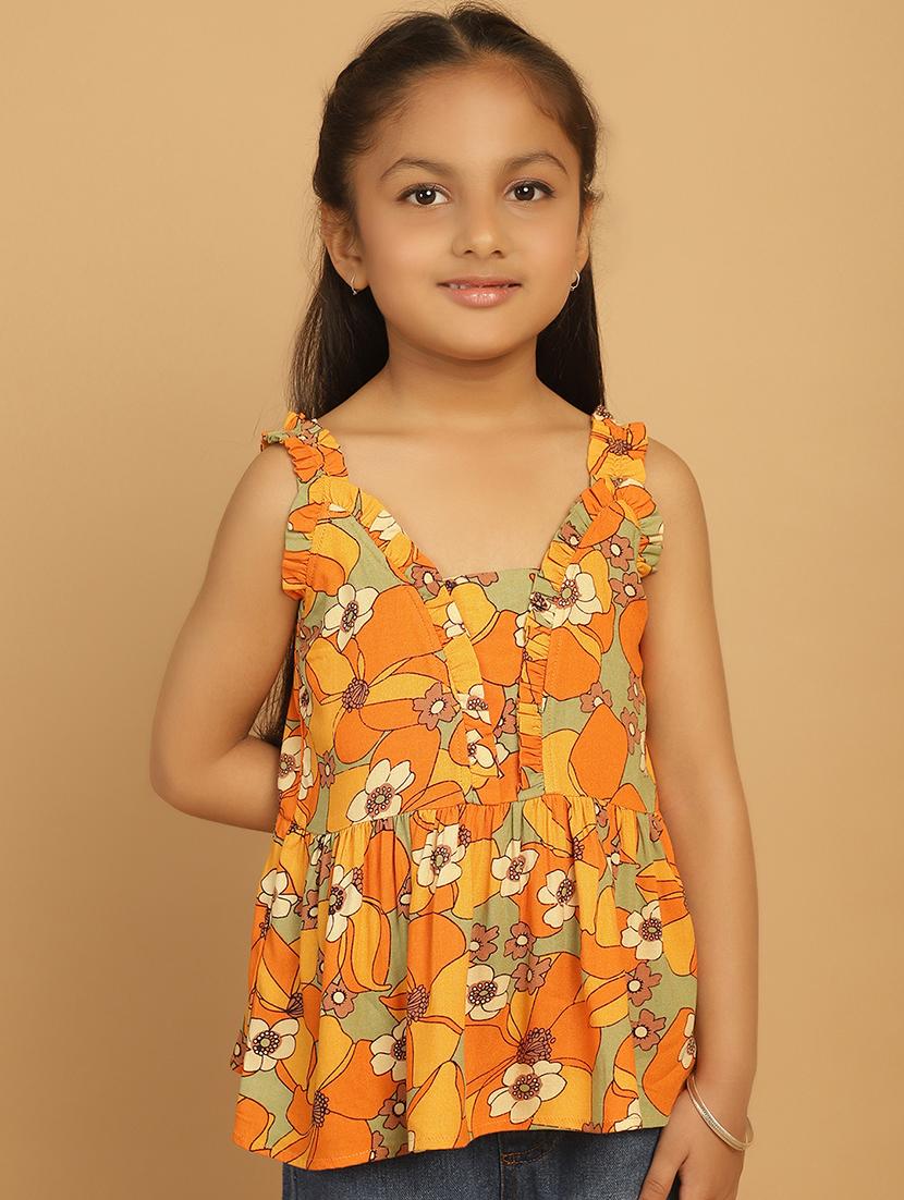 girls mustard floral printed sleeveless top - 21732041 -  Zoom Image - 0