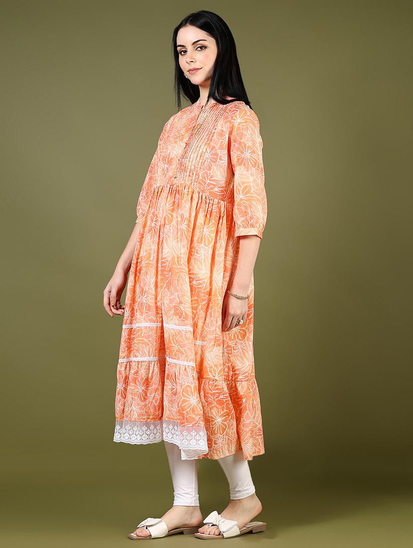women orange three quarter sleeve tiered kurta - 21732134 - Standard Image - 3